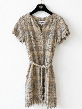 CHANEL Beige Cream Tweed Short Dress with Belt